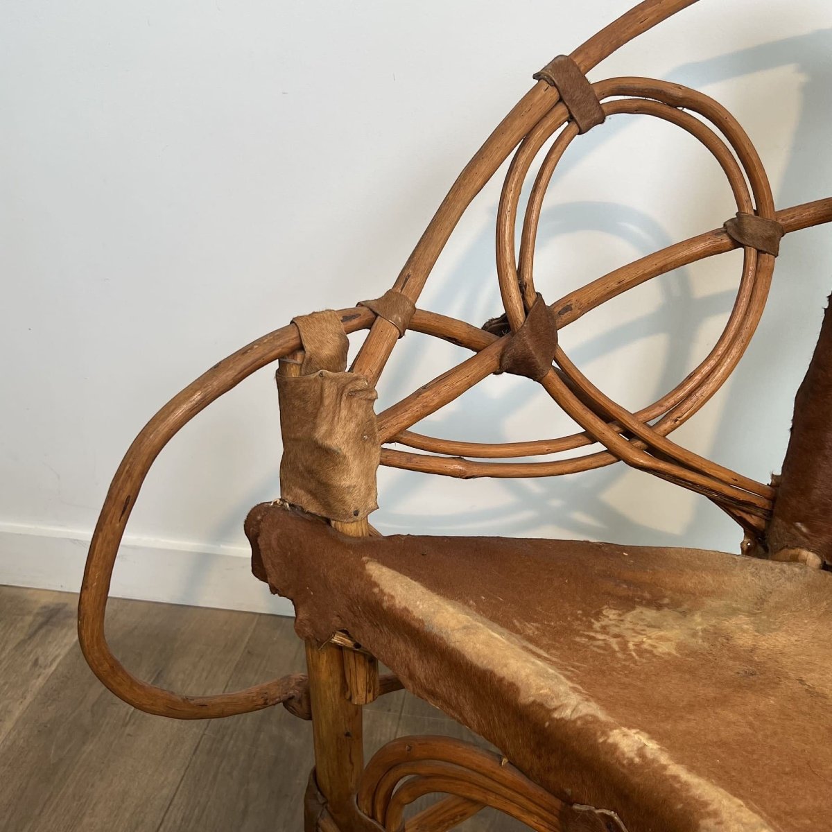 Organic Modernist Armchair In Rattan And Cowhide, Italian Work,1960s-photo-4