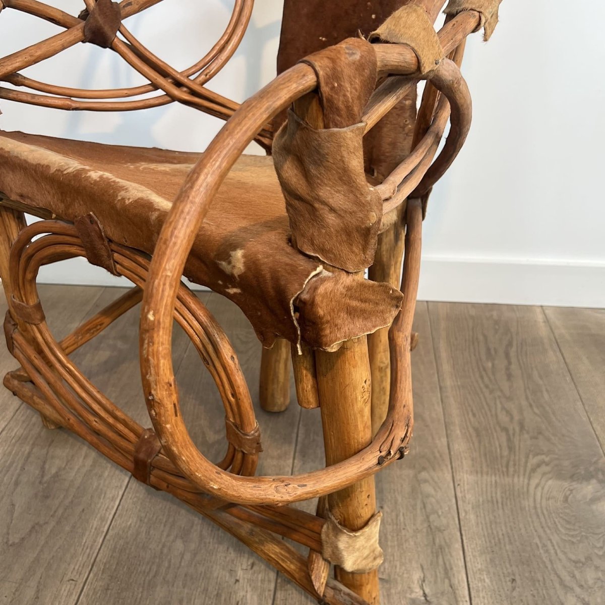 Organic Modernist Armchair In Rattan And Cowhide, Italian Work,1960s-photo-5