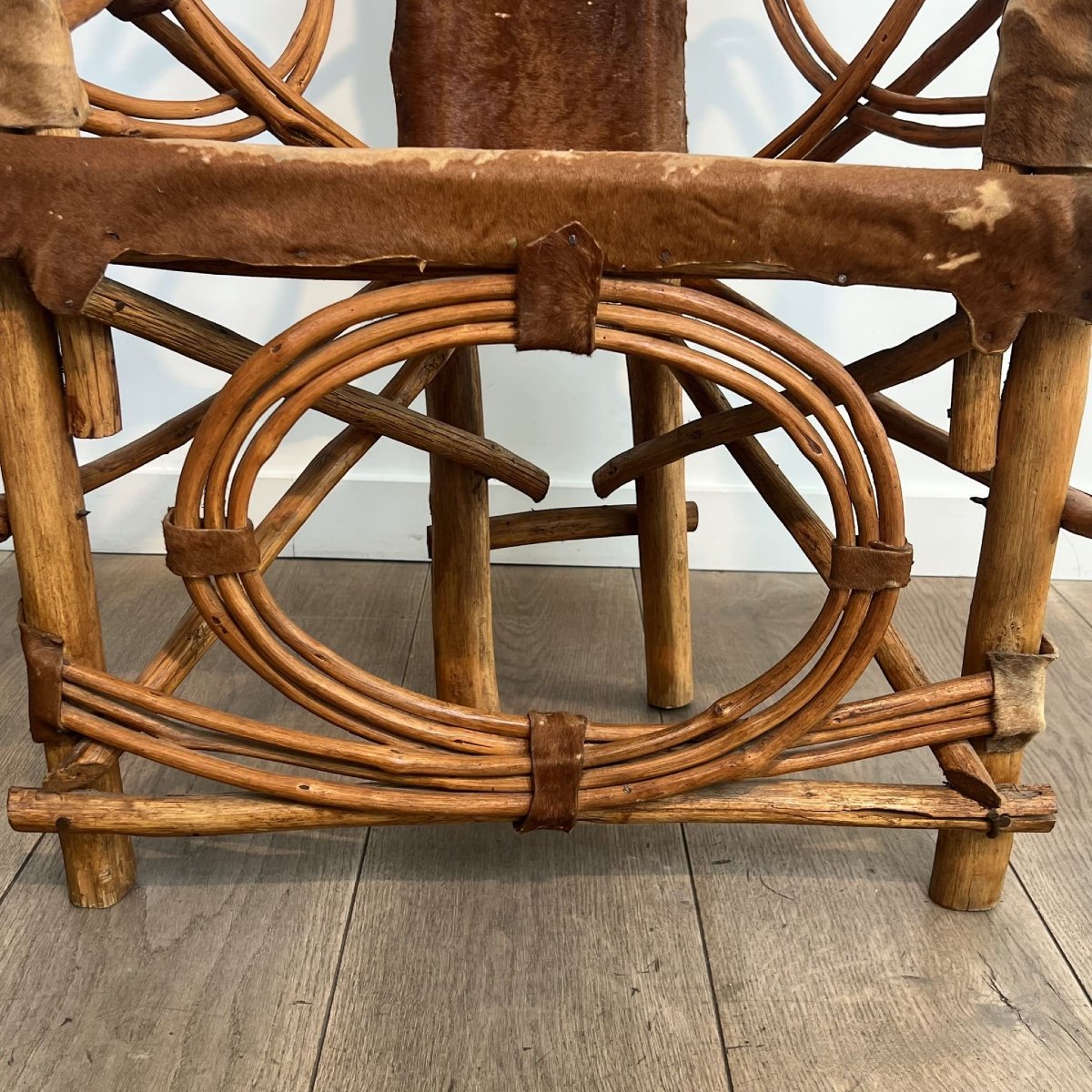 Organic Modernist Armchair In Rattan And Cowhide, Italian Work,1960s-photo-6