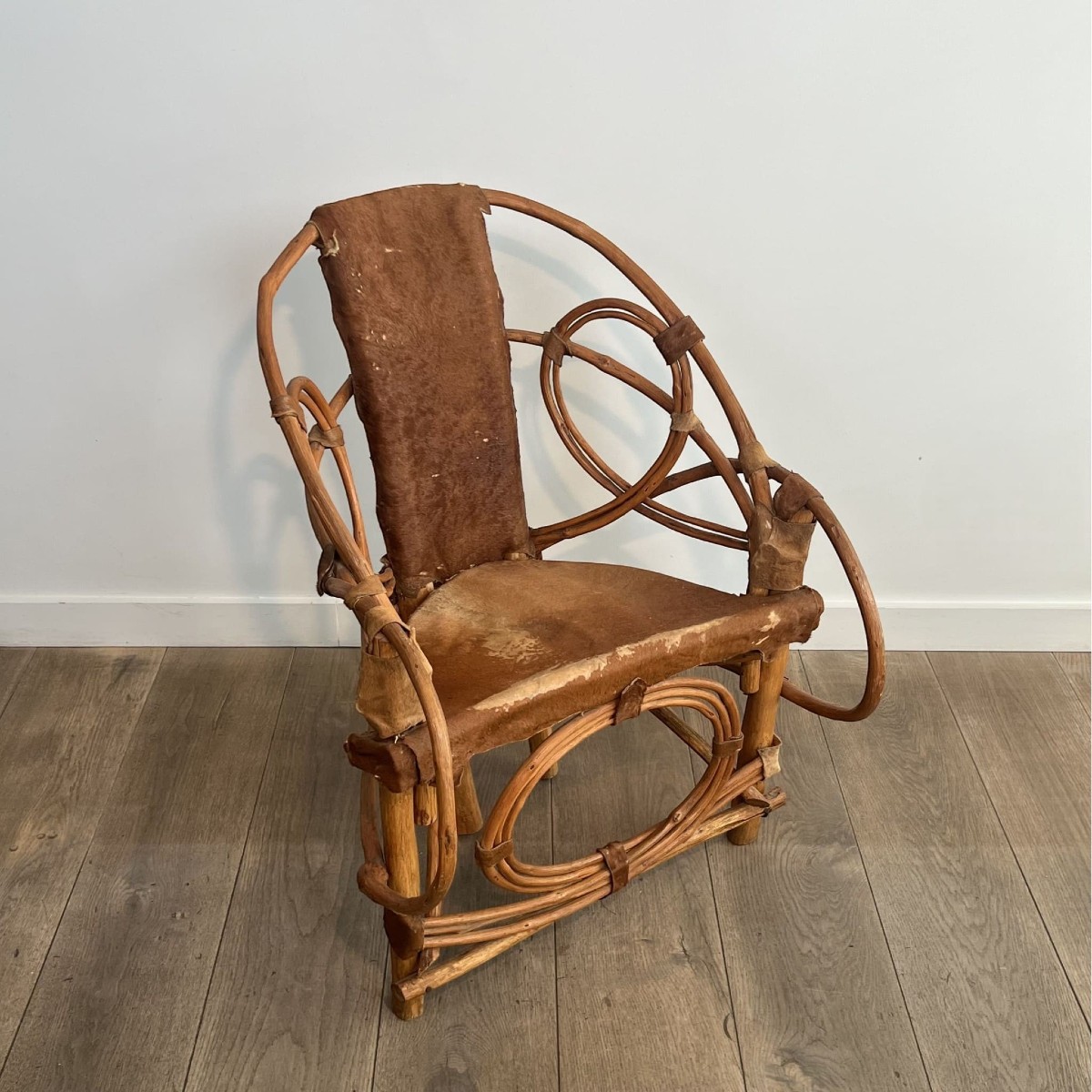 Organic Modernist Armchair In Rattan And Cowhide, Italian Work,1960s