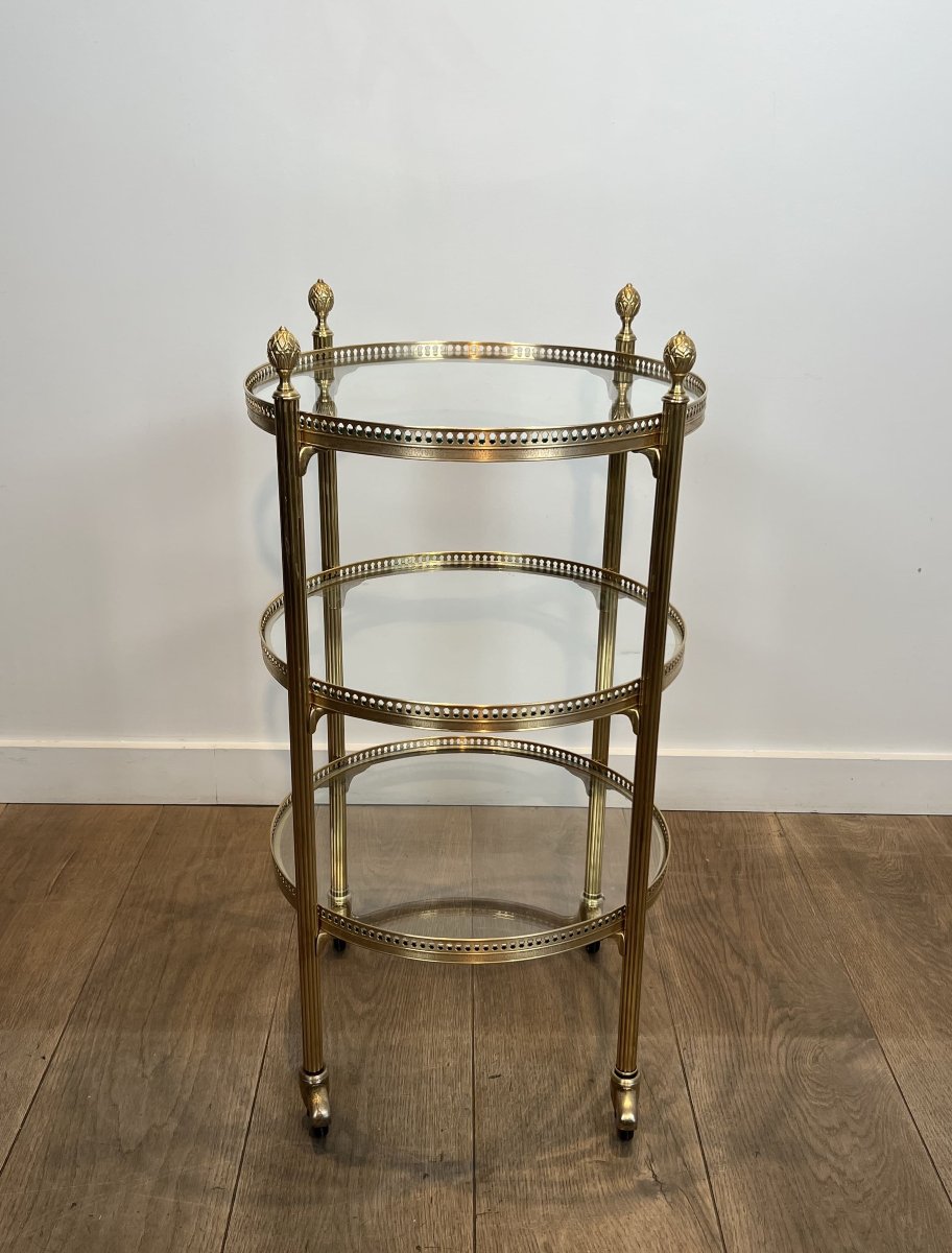 Round Three-tier Brass Bar Cart, Attributed To Maison Jansen, 1940s.-photo-2