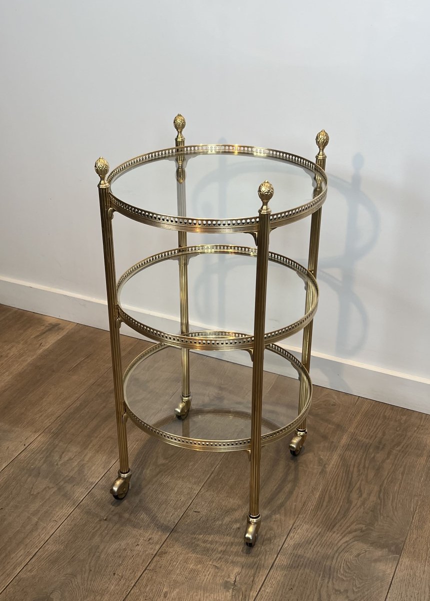 Round Three-tier Brass Bar Cart, Attributed To Maison Jansen, 1940s.-photo-8