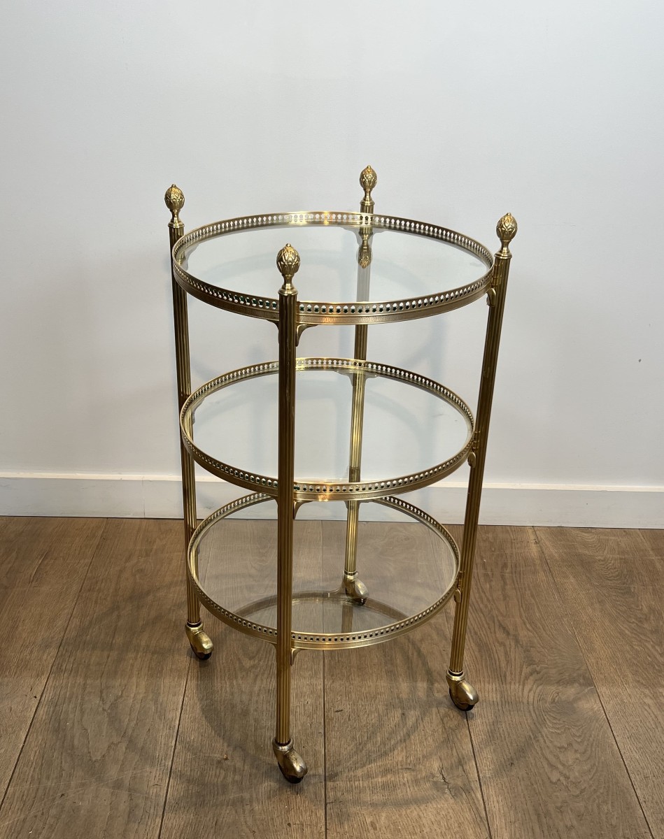 Round Three-tier Brass Bar Cart, Attributed To Maison Jansen, 1940s.