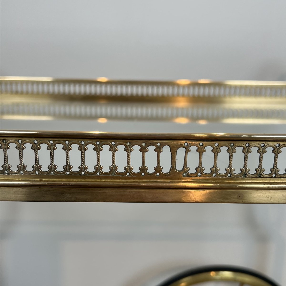Table Roulante à Grandes Roues en Laiton et Verre, Maison Jansen, Vers 1940.-photo-1