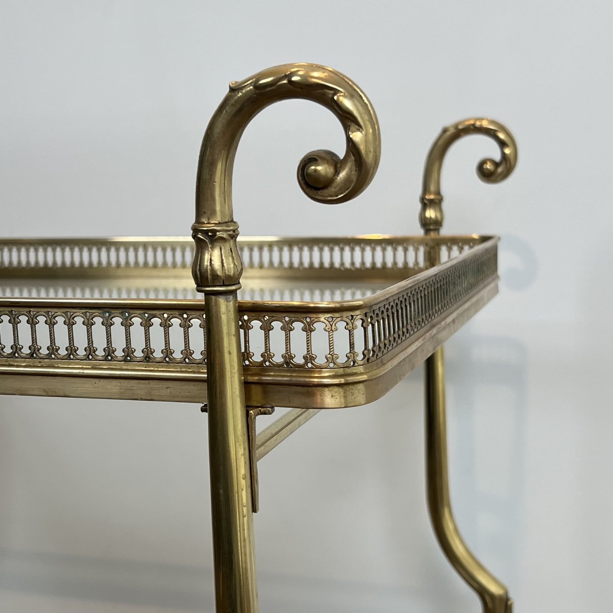 Table Roulante à Grandes Roues en Laiton et Verre, Maison Jansen, Vers 1940.-photo-2