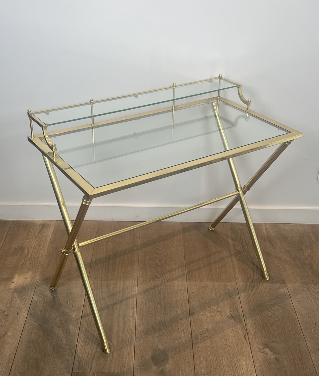 Bureau à Gradin de Style Néoclassique en Laiton et Verre. Vers 1970
