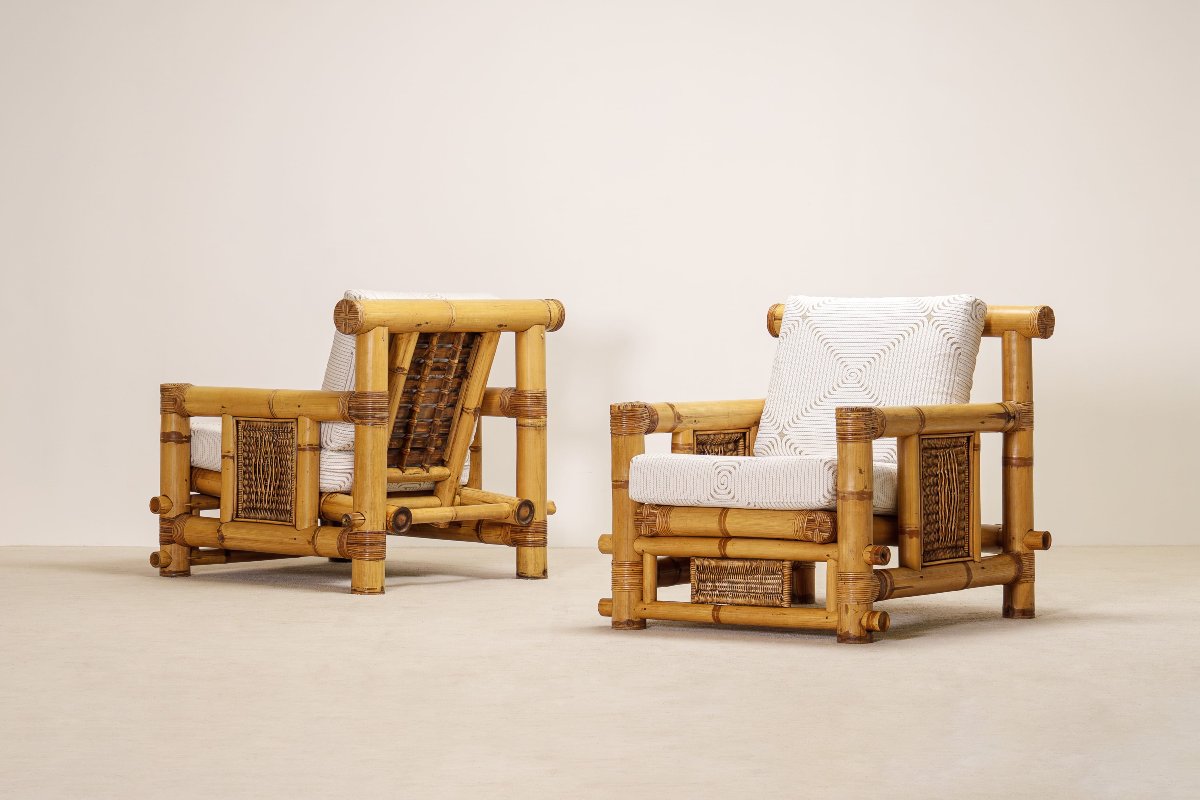 Paire de Fauteuils en Bambou, Coussins Pierre Frey, Travail Français, vers 1970-photo-2