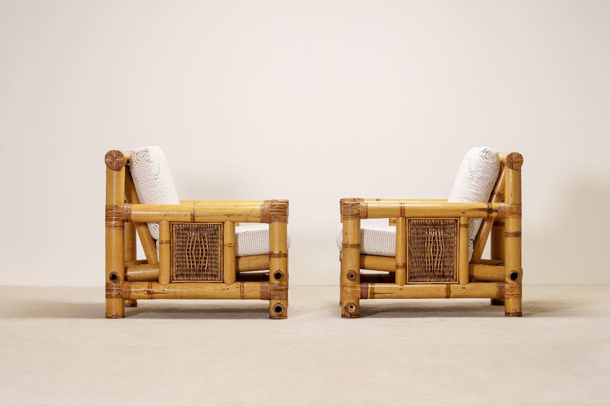 Paire de Fauteuils en Bambou, Coussins Pierre Frey, Travail Français, vers 1970-photo-3