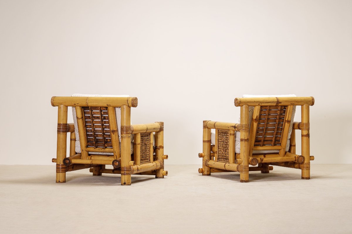 Paire de Fauteuils en Bambou, Coussins Pierre Frey, Travail Français, vers 1970-photo-4