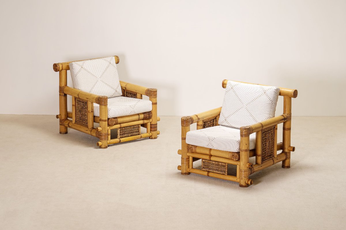 Paire de Fauteuils en Bambou, Coussins Pierre Frey, Travail Français, vers 1970-photo-1