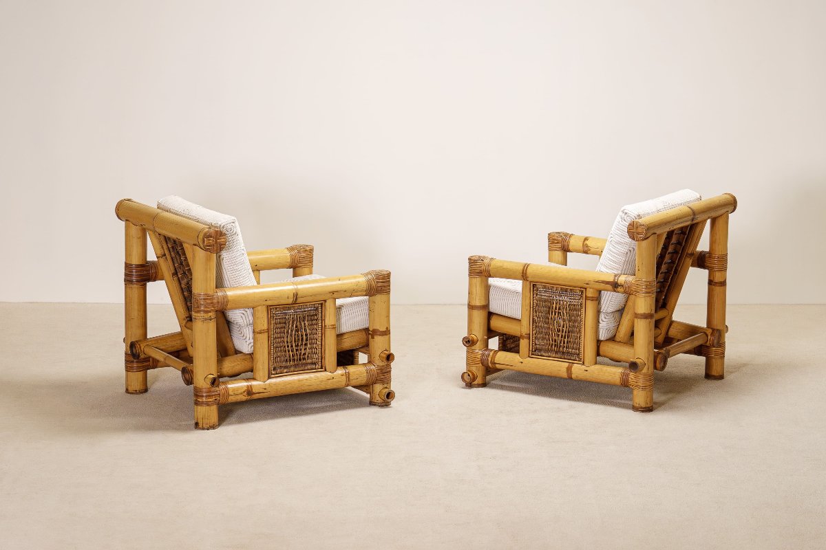 Paire de Fauteuils en Bambou, Coussins Pierre Frey, Travail Français, vers 1970-photo-2