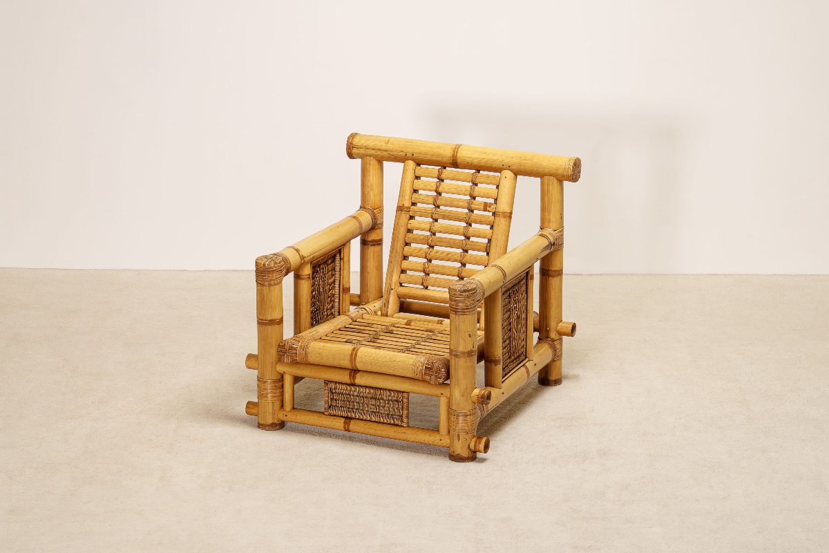 Paire de Fauteuils en Bambou, Coussins Pierre Frey, Travail Français, vers 1970-photo-3