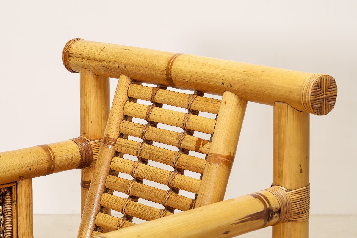 Paire de Fauteuils en Bambou, Coussins Pierre Frey, Travail Français, vers 1970-photo-4