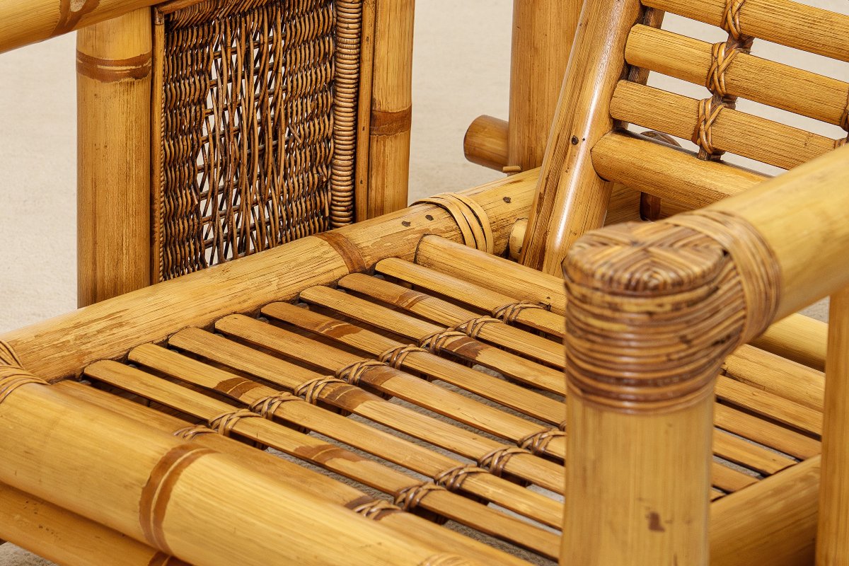 Paire de Fauteuils en Bambou, Coussins Pierre Frey, Travail Français, vers 1970-photo-5