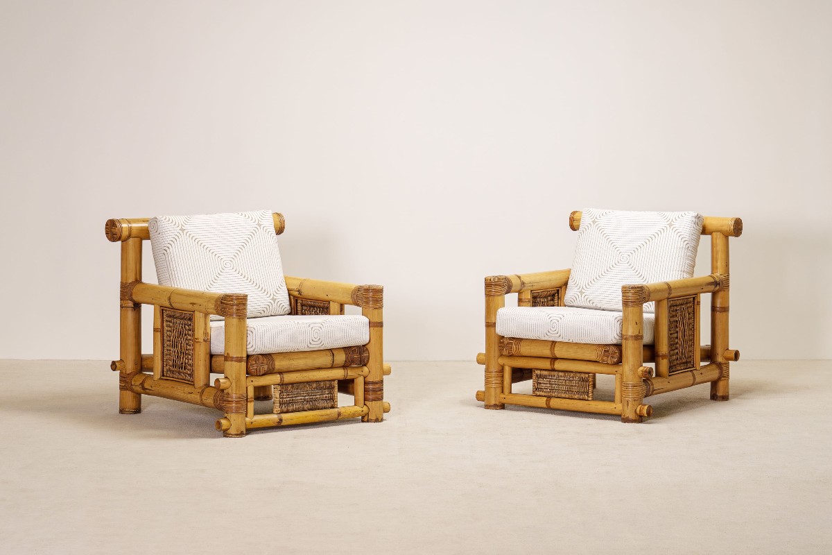 Paire de Fauteuils en Bambou, Coussins Pierre Frey, Travail Français, vers 1970