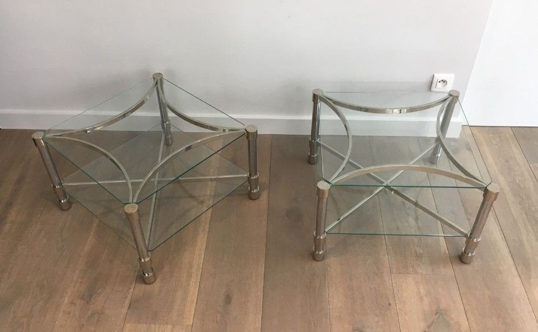Paire de Bouts de Canapé Carrés en Chrome et Verre, circa 1970-photo-2