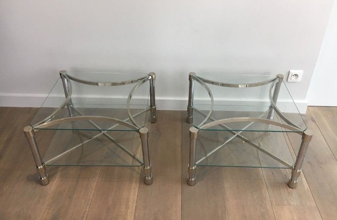 Paire de Bouts de Canapé Carrés en Chrome et Verre, circa 1970-photo-3