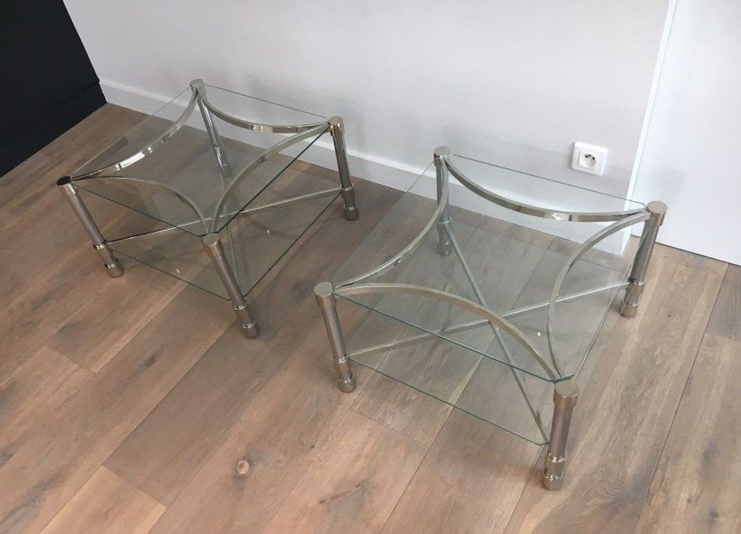 Paire de Bouts de Canapé Carrés en Chrome et Verre, circa 1970-photo-4