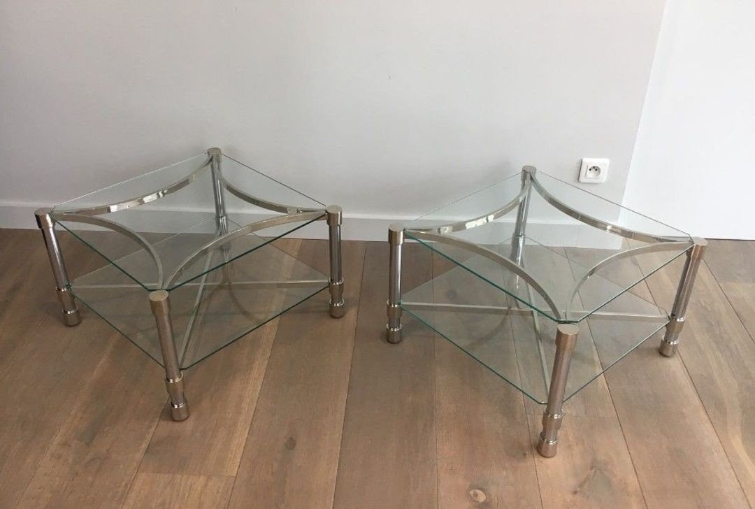 Paire de Bouts de Canapé Carrés en Chrome et Verre, circa 1970-photo-1