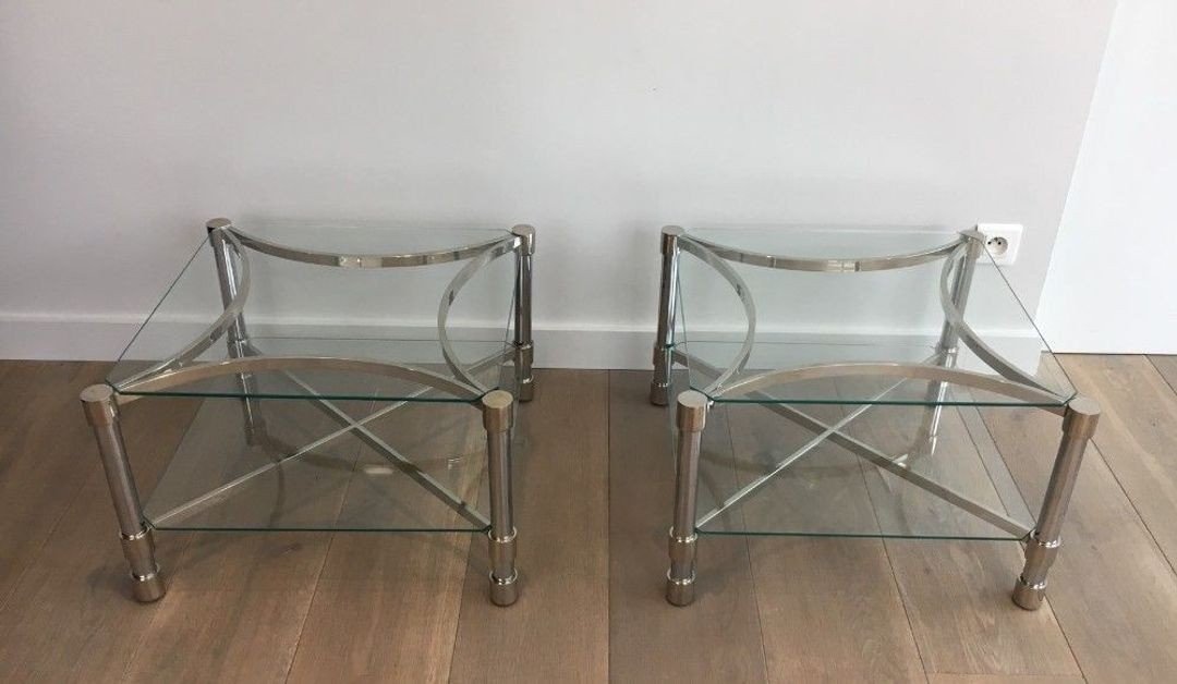 Paire de Bouts de Canapé Carrés en Chrome et Verre, circa 1970