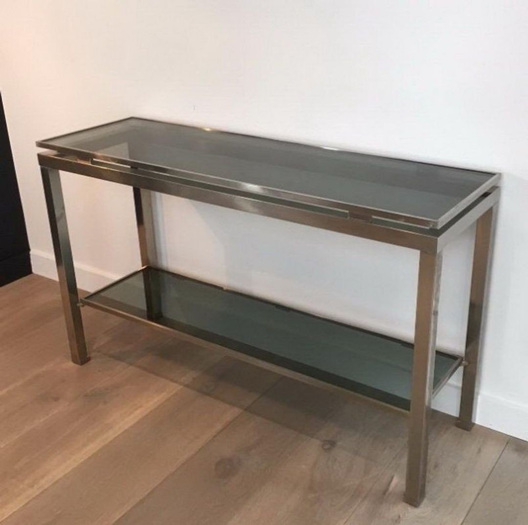 Brushed Steel And Blue Glass Console Table By Guy Lefèvre For Maison Jansen-photo-2
