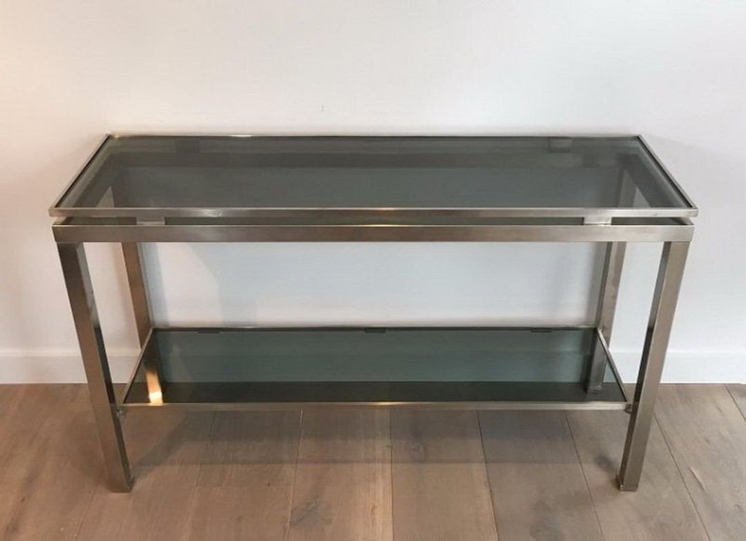 Brushed Steel And Blue Glass Console Table By Guy Lefèvre For Maison Jansen-photo-3