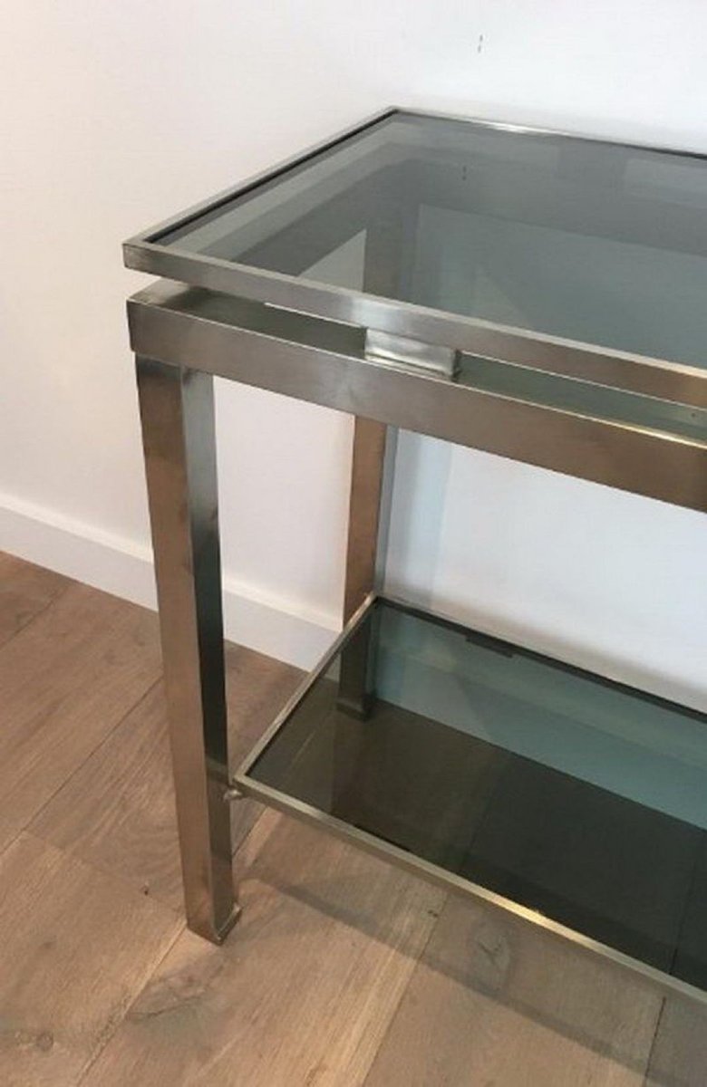 Brushed Steel And Blue Glass Console Table By Guy Lefèvre For Maison Jansen-photo-4
