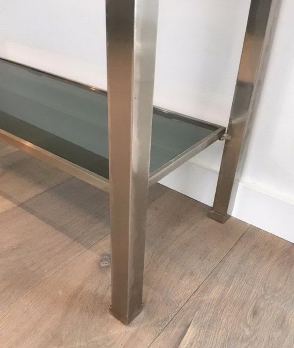 Brushed Steel And Blue Glass Console Table By Guy Lefèvre For Maison Jansen-photo-3