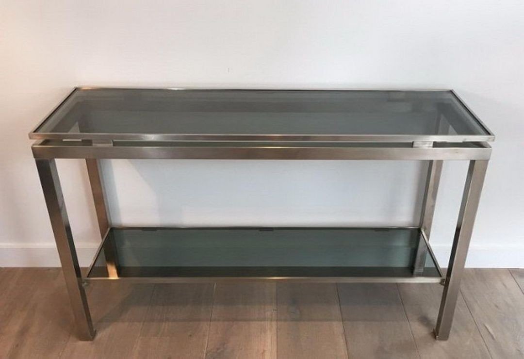 Brushed Steel And Blue Glass Console Table By Guy Lefèvre For Maison Jansen-photo-5