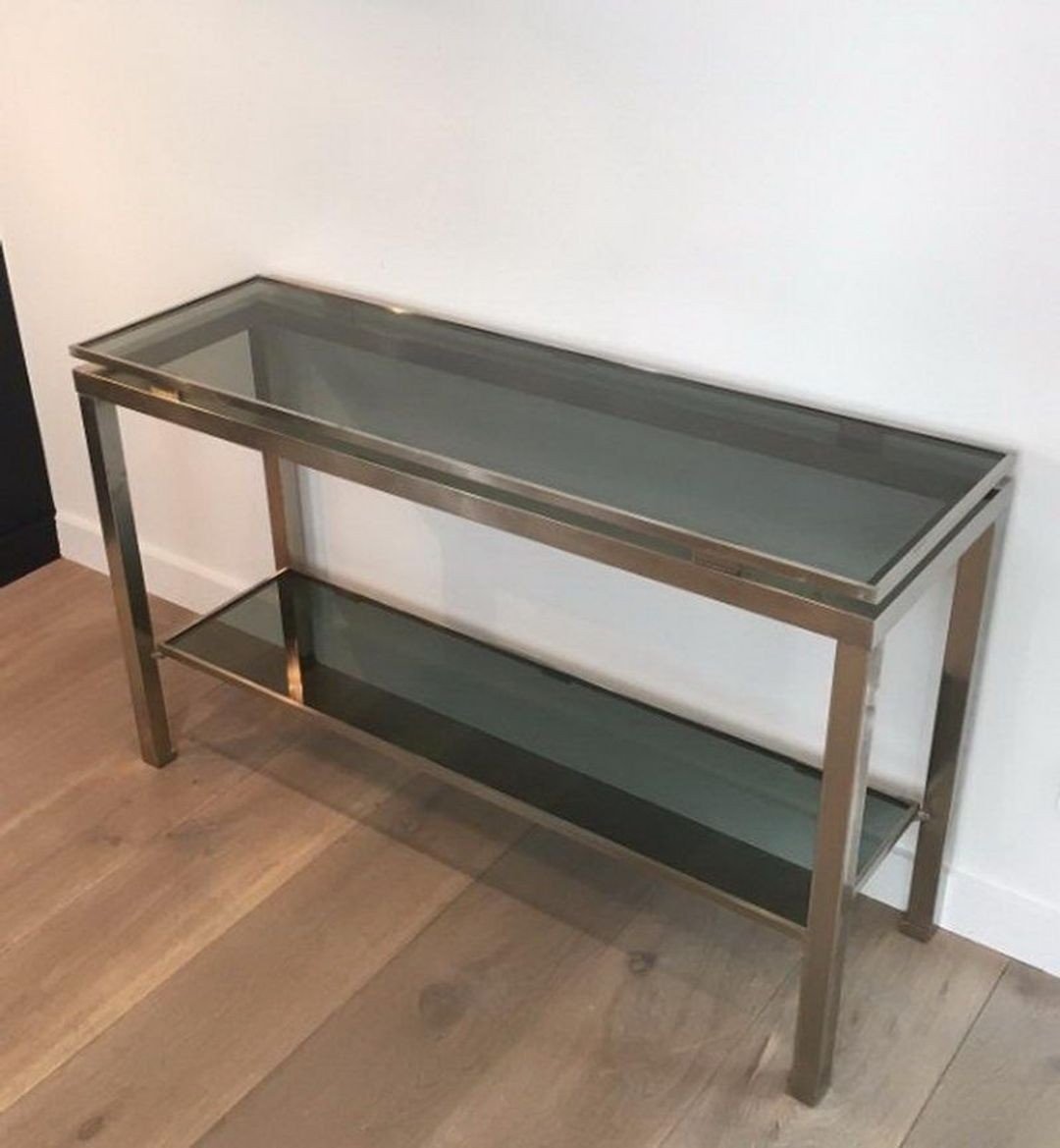 Brushed Steel And Blue Glass Console Table By Guy Lefèvre For Maison Jansen