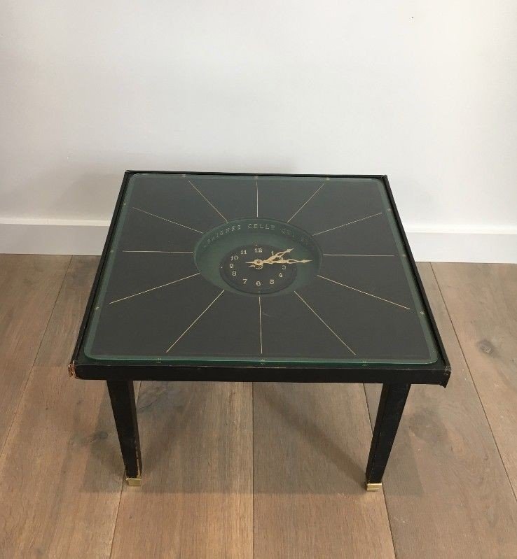 Rare Small Pendulum Table In Leather And Brass In The Manner Of Jacques Adnet. Circa 1950-photo-2