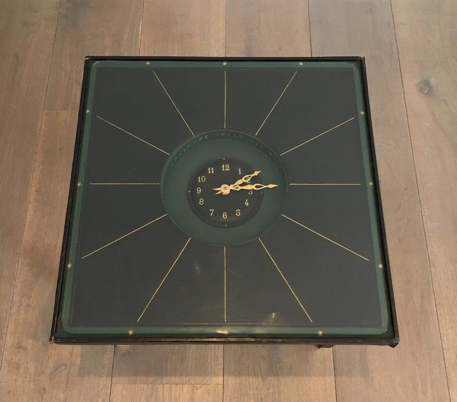 Rare Small Pendulum Table In Leather And Brass In The Manner Of Jacques Adnet. Circa 1950-photo-3