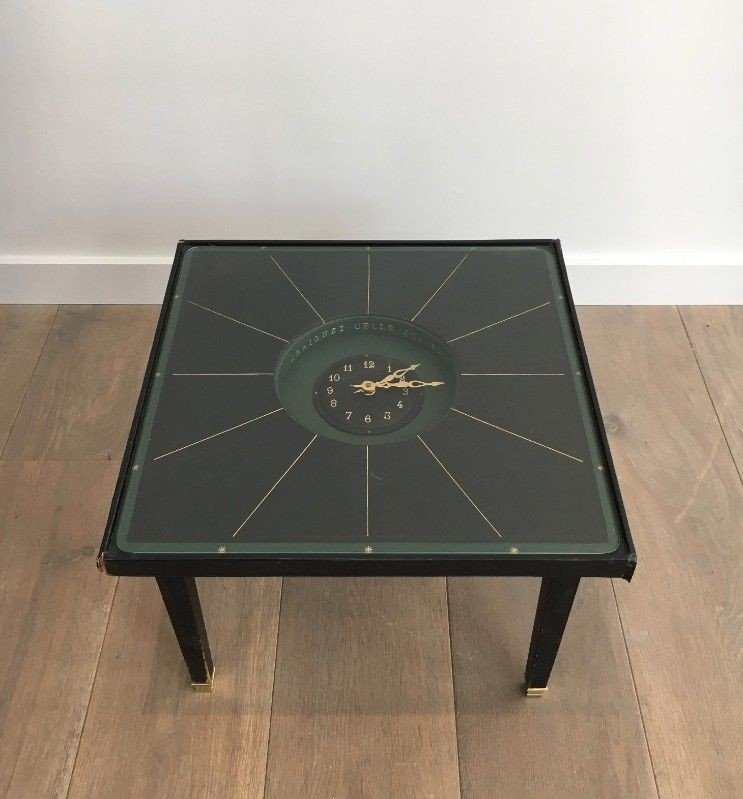 Rare Small Pendulum Table In Leather And Brass In The Manner Of Jacques Adnet. Circa 1950-photo-5