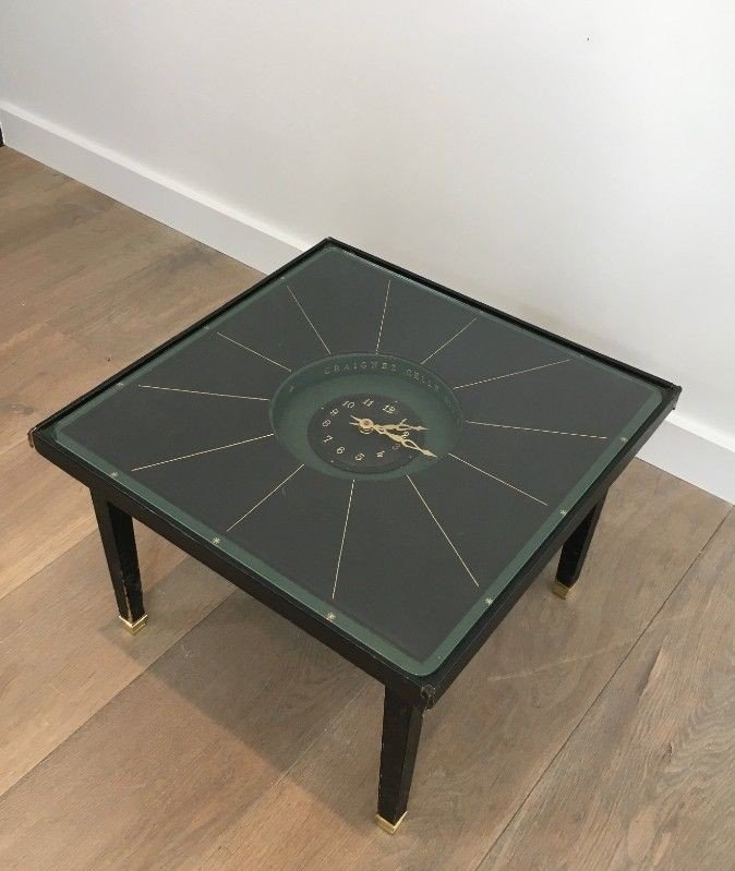 Rare Small Pendulum Table In Leather And Brass In The Manner Of Jacques Adnet. Circa 1950