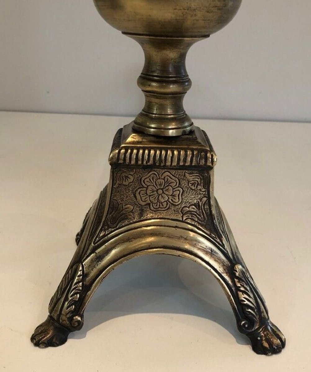 Paire de Chenets en Bronze Cisélé et Fer Forgé de Style Louis XVI à Finials en Urne. France.-photo-4