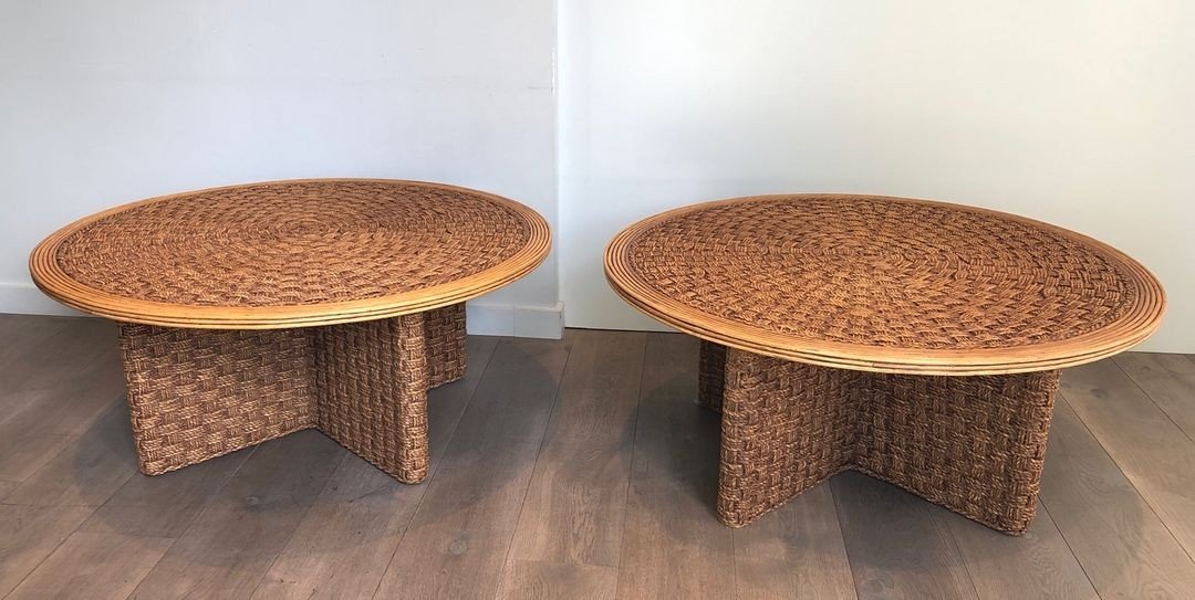 Paire de Tables Basses Rondes en Corde, dans le Goût d'Audoux-Minet, France vers 1970
