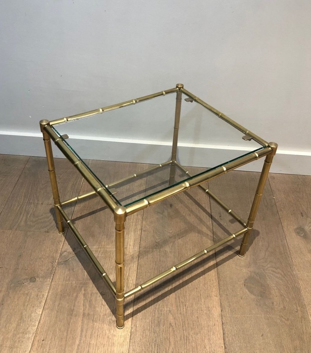 Bout de Canapé Biétagère en Laiton Faux-Bambou et Verre, dans le Goût de Jacques Adnet, c.1970-photo-2