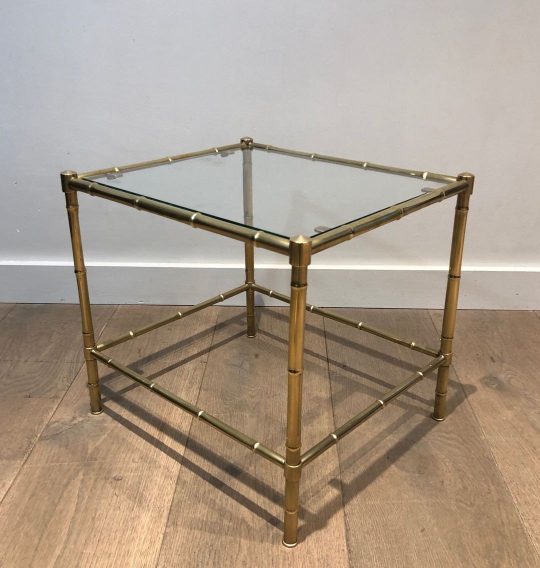 Bout de Canapé Biétagère en Laiton Faux-Bambou et Verre, dans le Goût de Jacques Adnet, c.1970-photo-3