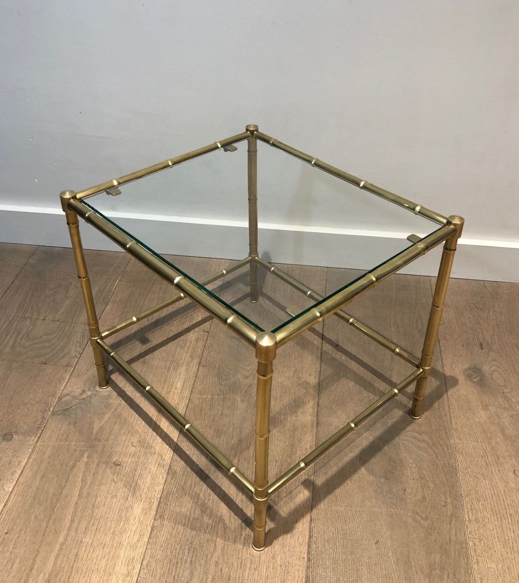 Bout de Canapé Biétagère en Laiton Faux-Bambou et Verre, dans le Goût de Jacques Adnet, c.1970-photo-4
