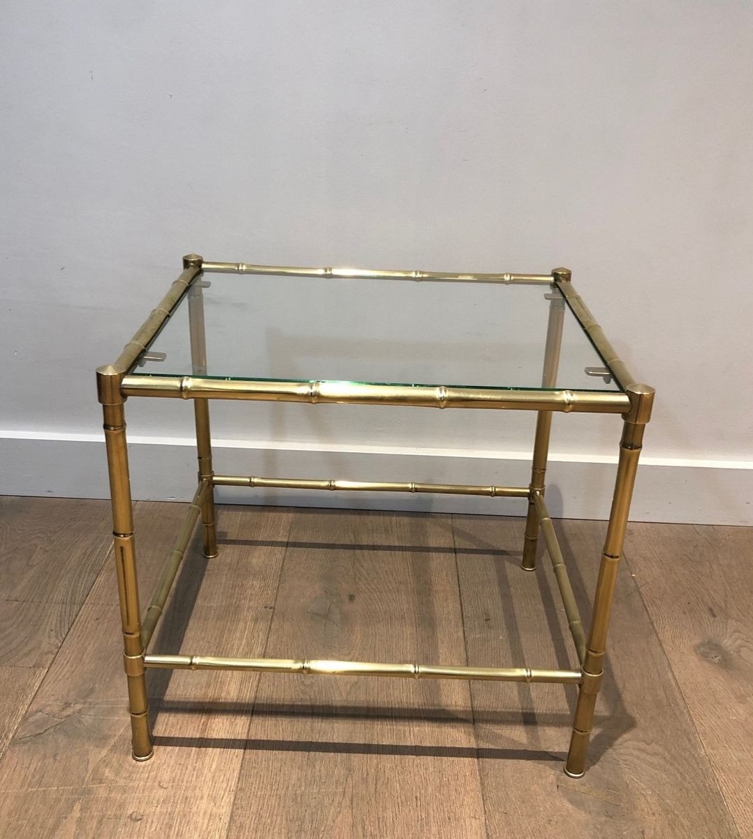 Bout de Canapé Biétagère en Laiton Faux-Bambou et Verre, dans le Goût de Jacques Adnet, c.1970-photo-8