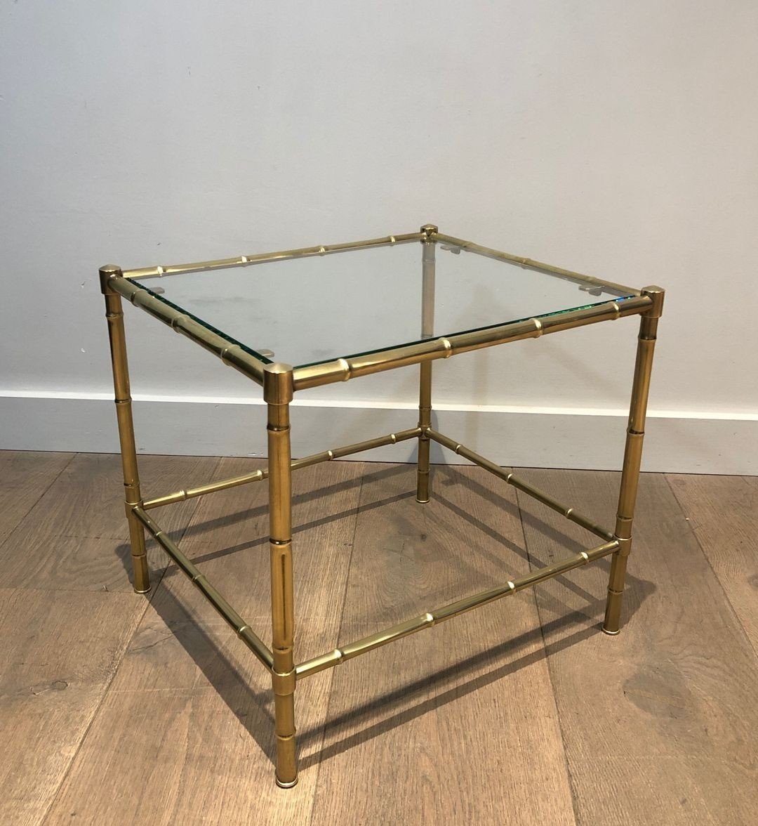Bout de Canapé Biétagère en Laiton Faux-Bambou et Verre, dans le Goût de Jacques Adnet, c.1970