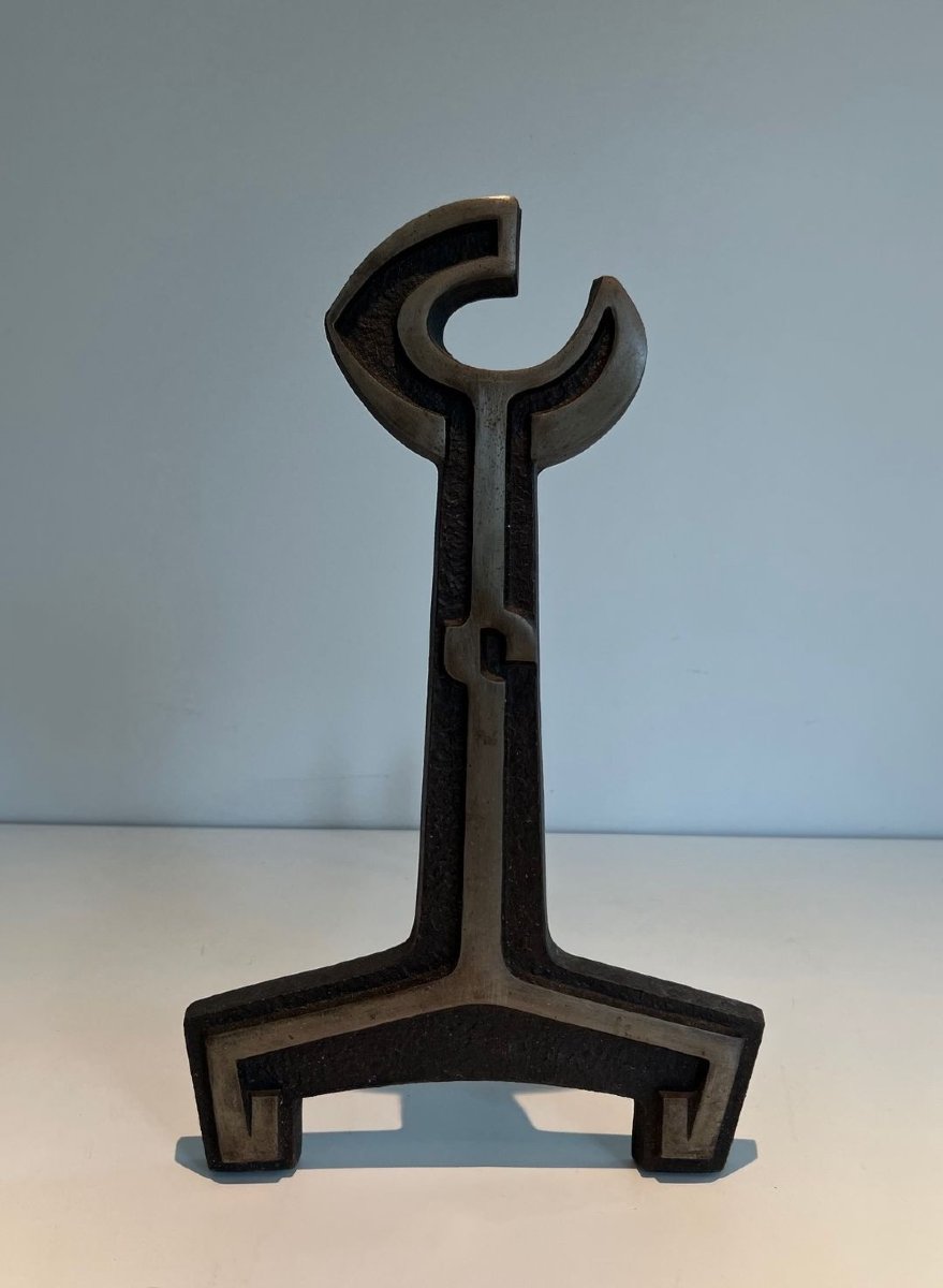 Pair Of Modernist Cast Iron Andirons With Open-ring Finials. France. Circa 1950.-photo-3