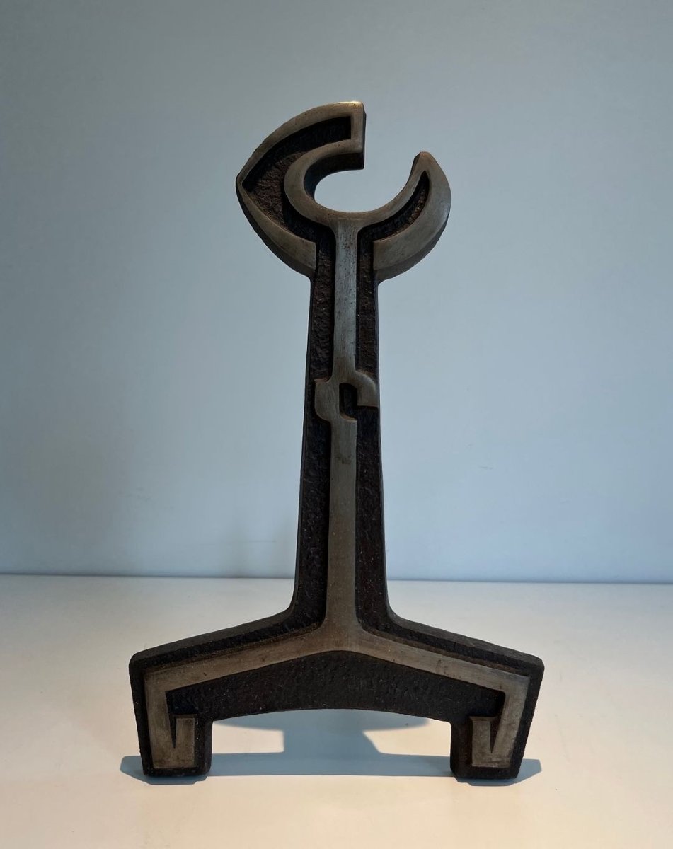 Pair Of Modernist Cast Iron Andirons With Open-ring Finials. France. Circa 1950.-photo-1