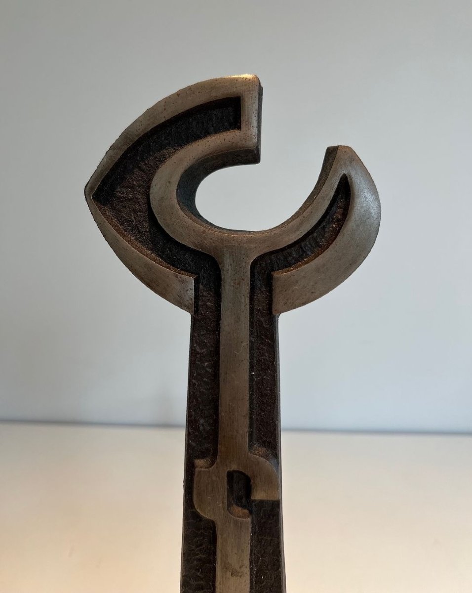 Pair Of Modernist Cast Iron Andirons With Open-ring Finials. France. Circa 1950.-photo-3
