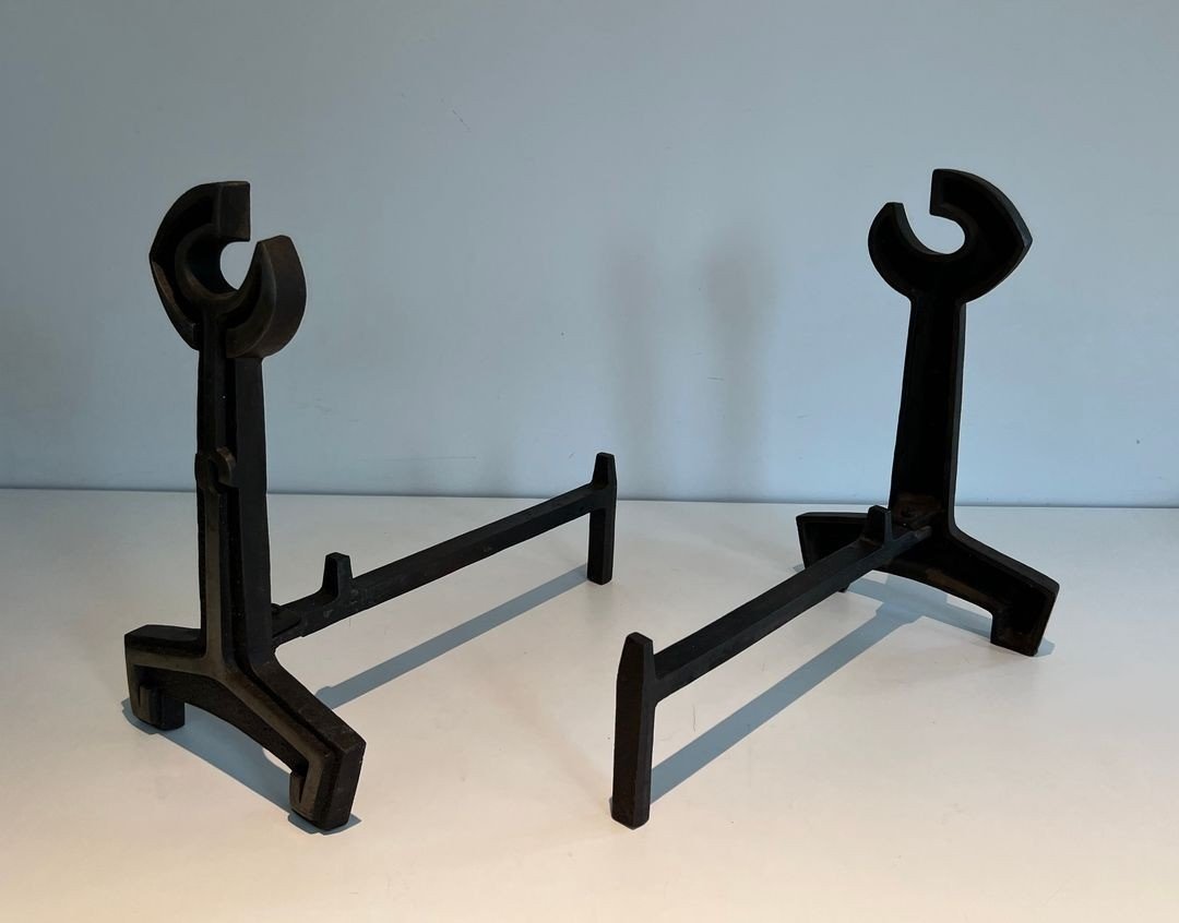 Pair Of Modernist Cast Iron Andirons With Open-ring Finials. France. Circa 1950.-photo-5