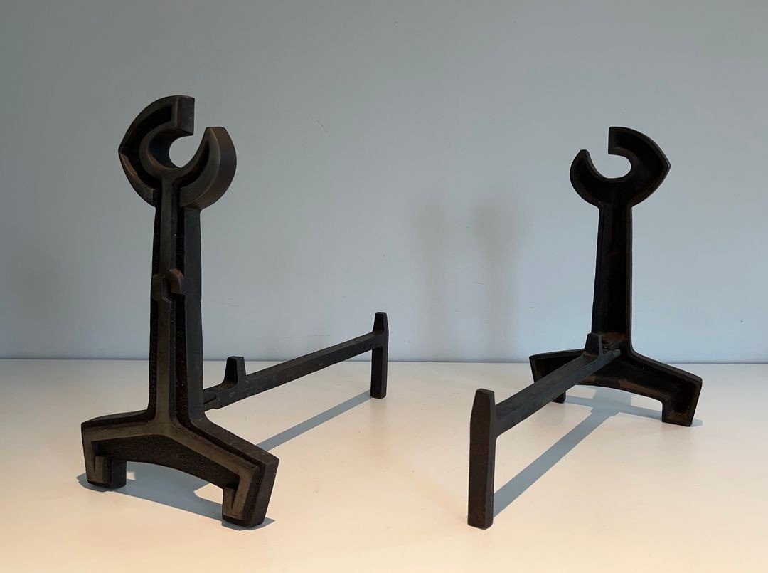 Pair Of Modernist Cast Iron Andirons With Open-ring Finials. France. Circa 1950.-photo-6