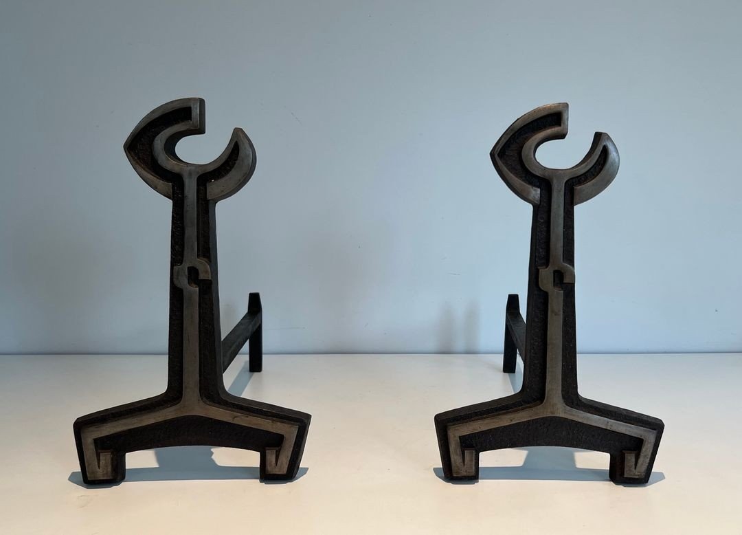 Pair Of Modernist Cast Iron Andirons With Open-ring Finials. France. Circa 1950.-photo-7