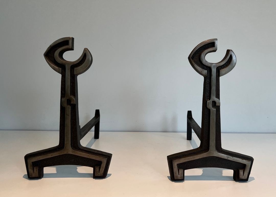 Pair Of Modernist Cast Iron Andirons With Open-ring Finials. France. Circa 1950.-photo-8