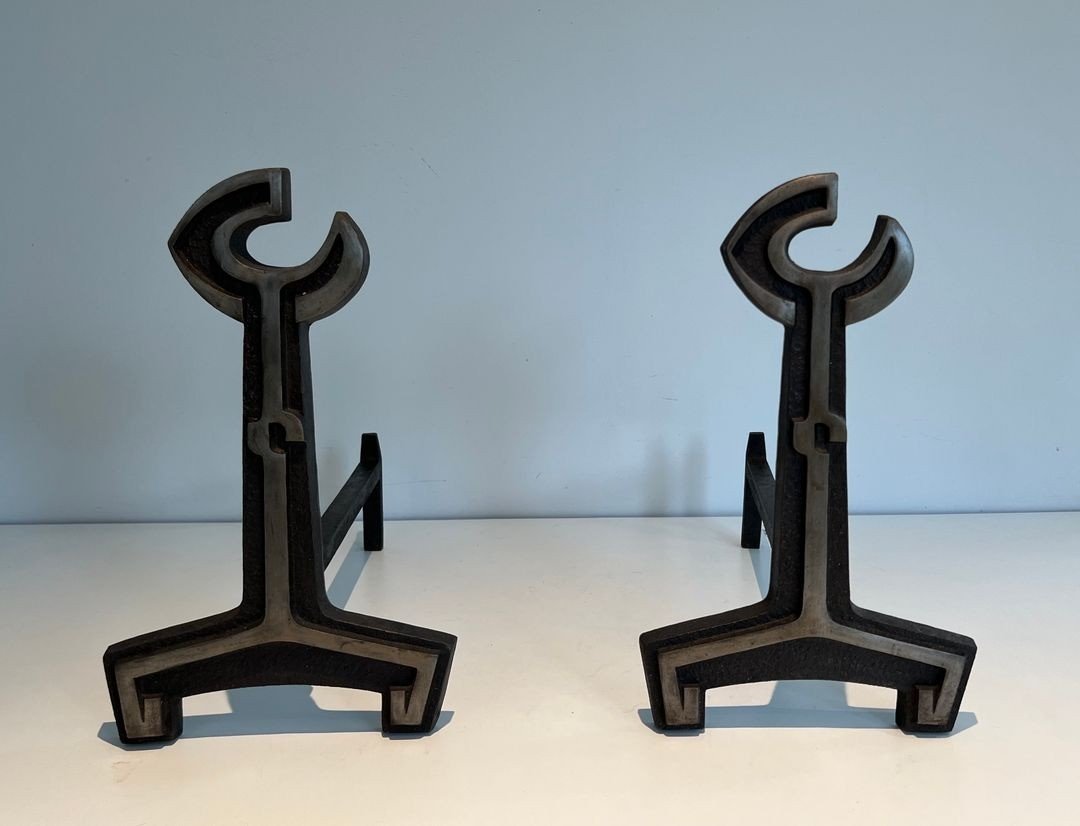 Pair Of Modernist Cast Iron Andirons With Open-ring Finials. France. Circa 1950.