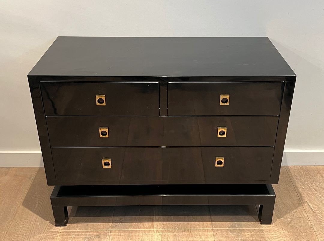 Commode Laquée Noire, Guy Lefèvre pour Maison Jansen, France, vers 1970